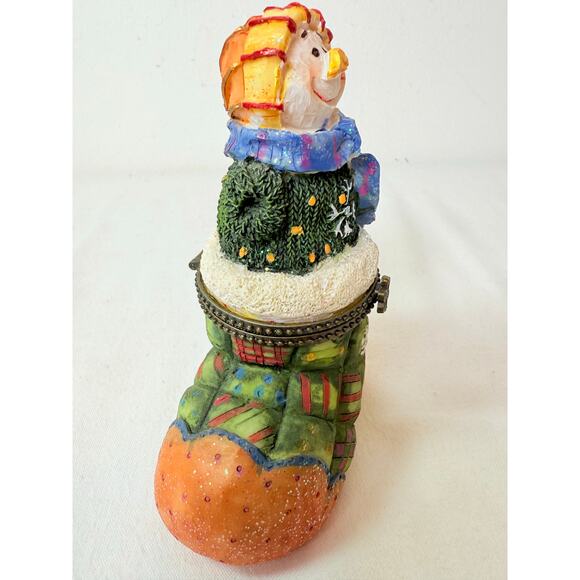 Green Whimsical Patchwork Glittery Holiday Resin Snowman Trinket Box - Picture 2 of 7